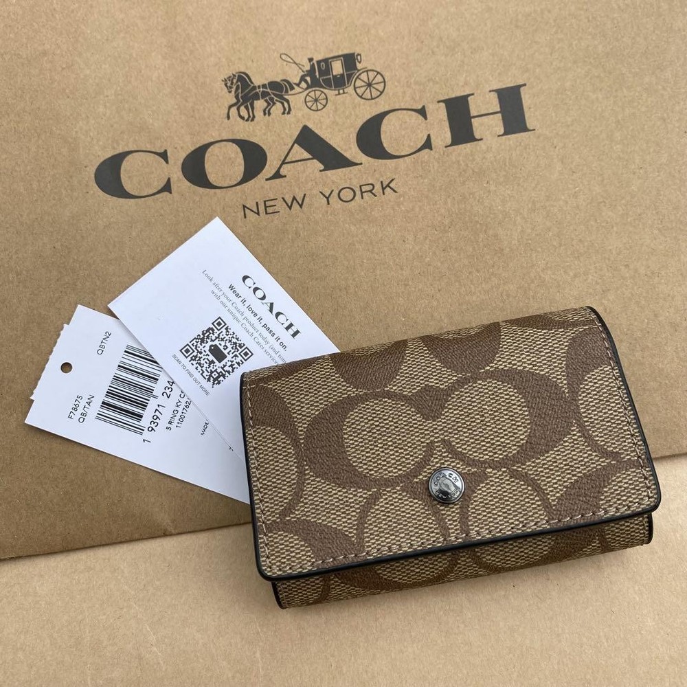 Coach Signature Tan Canvas Key Case with Detachable Rings
