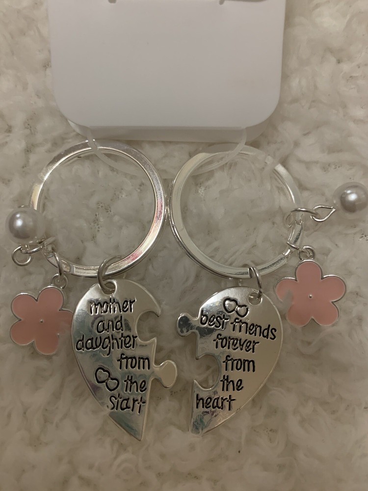 Mothers Day Mom And Daughter Love Heart Keychain With Pink Flowers 🌸-image