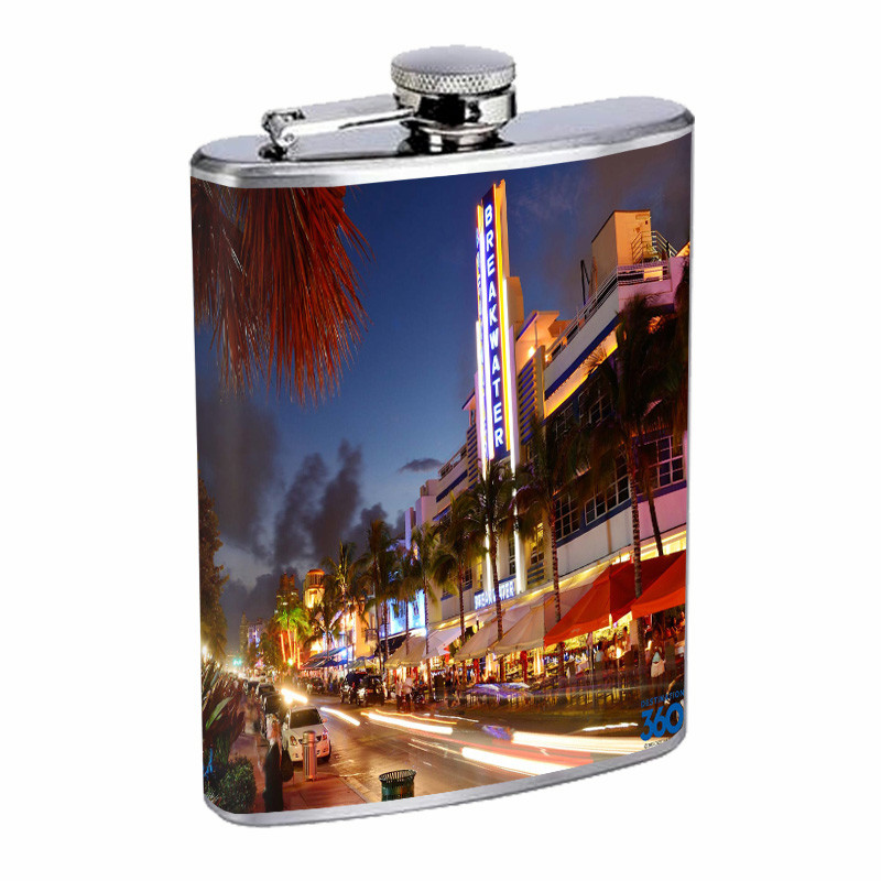 Florida Hot Spots South Beach D8 Flask 8oz Stainless Steel Hip Drinking Whiskey