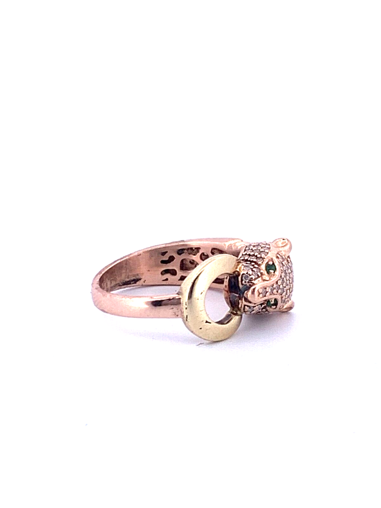 14K Rose Gold Effy Panther Head Ring with 3/4 TCW Diamonds & Tsavorite Size 6.5