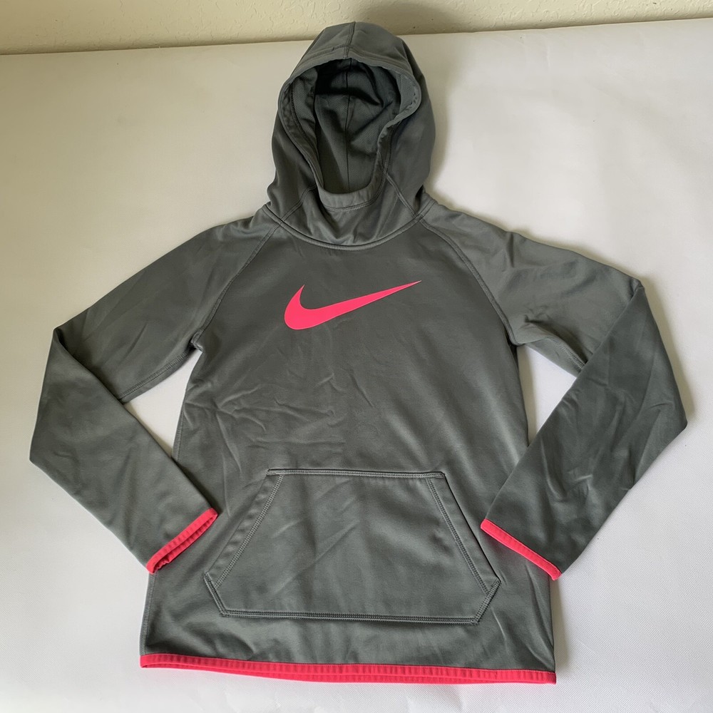 Nike Hoodie Sweatshirt Girls Large Gray Pink Center Swoosh Dri-Fit Athletic Play