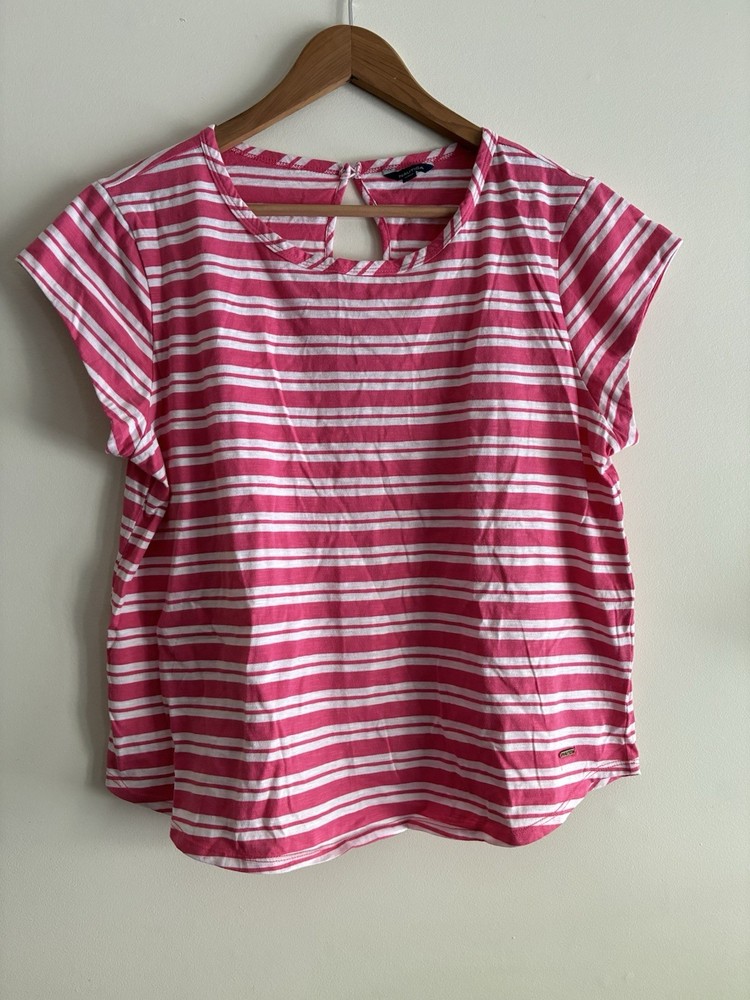 Nautica Women's Striped Cotton Blend Round Neck Short Sleeve Shirt Pink White XL