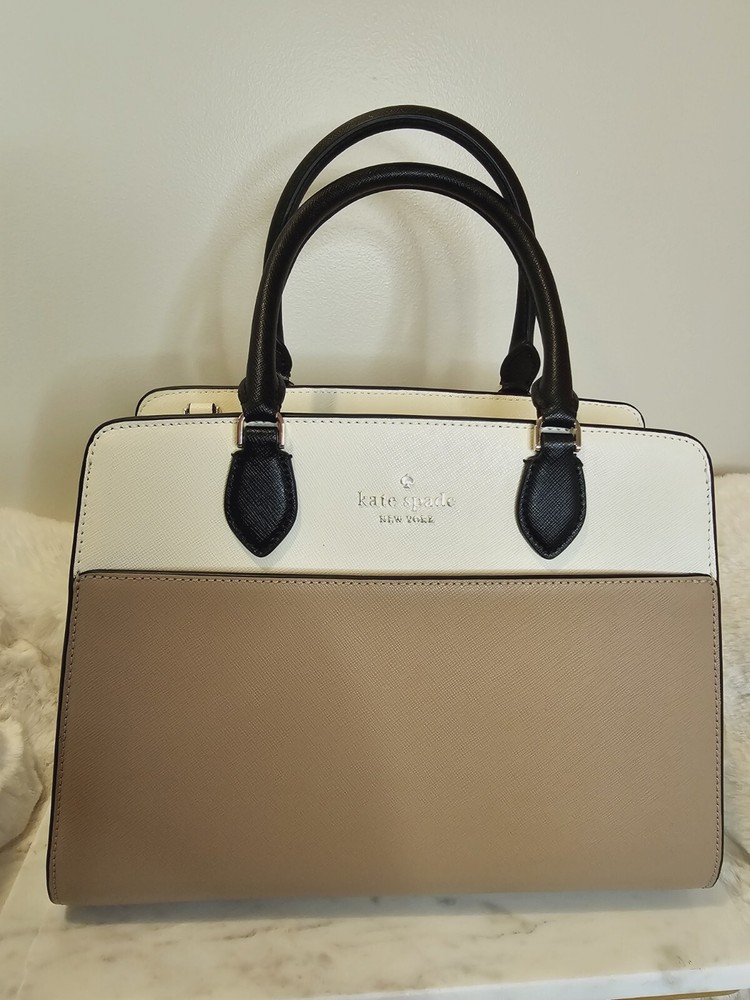 Kate Spade Madison Colorblock Saffiano Medium Satchel Creme Tan Black