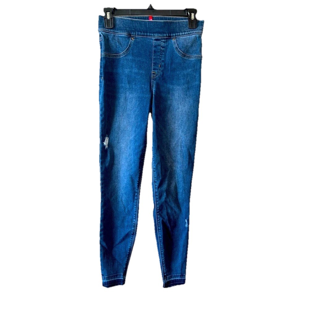 SPANX Jegging Jeans Women S Blue Distressed Hem Skinny High-Rise Ankle Denim EUC