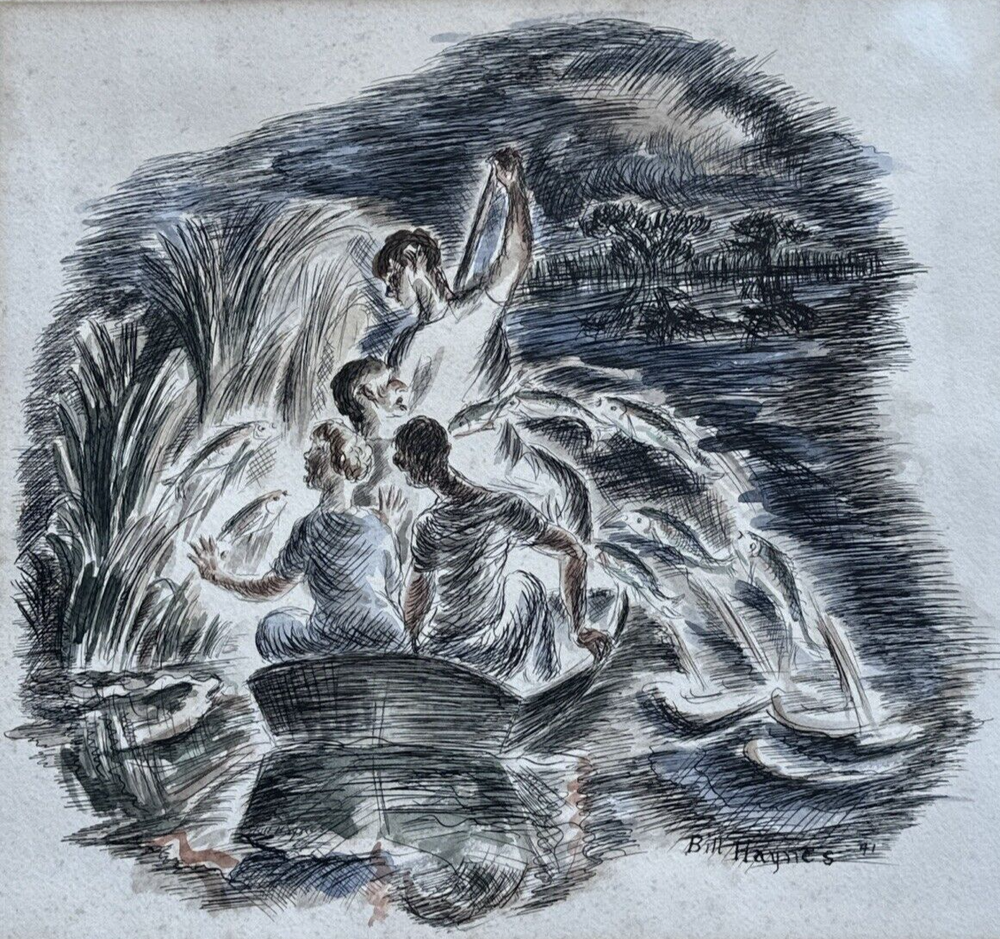 BILL HAYNES 1941 WPA STYLE FOXING FISHERMAN PAINTING DRAWING ILLUSTRATION AS IS