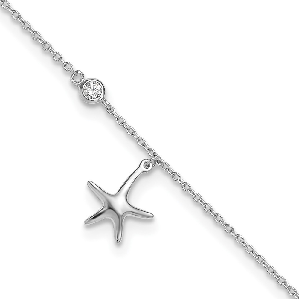 925 Silver CZ Starfish Anklet 9in w/1in Ext 1.27g Polished