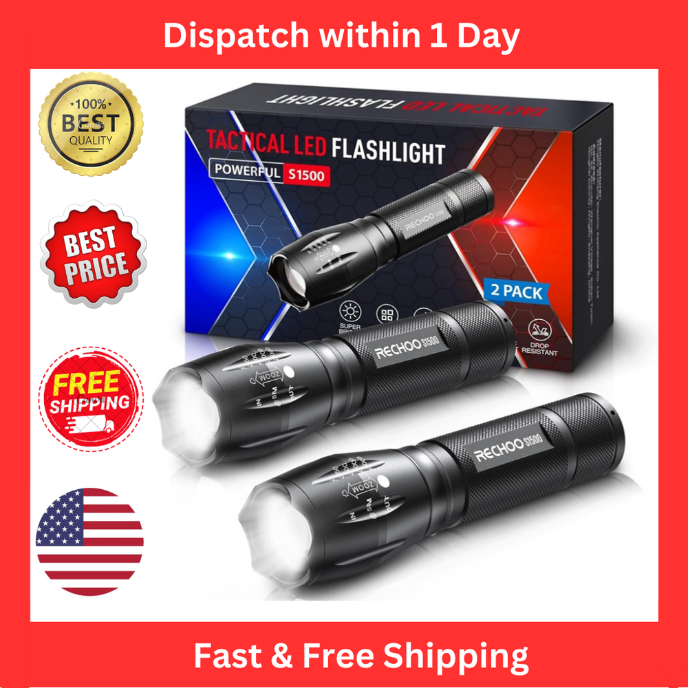 2 Pack LED Super Bright Flashlight Torch Tactical Lamp Zoomable 5 Modes Camping