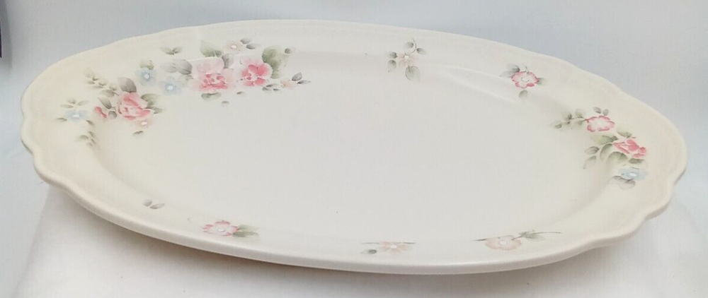 Pfaltzgraff Tea Rose Platter Serving Oval Beige Floral Green Stoneware 14.5