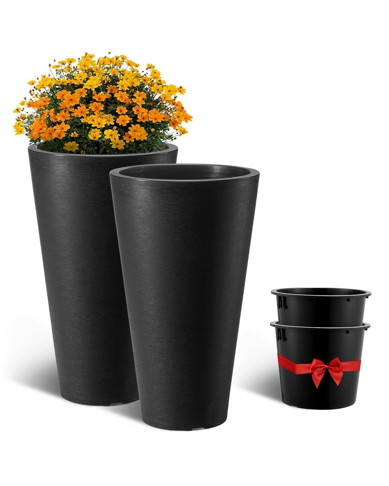 Tall Planter Set of 2 Round Tapered Plant Pots 24 in for Outdoor Indoor