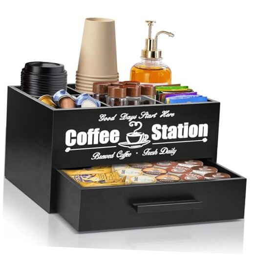 Coffee Bar Accessories Organizer with Drawer, Coffee Station Organizer for