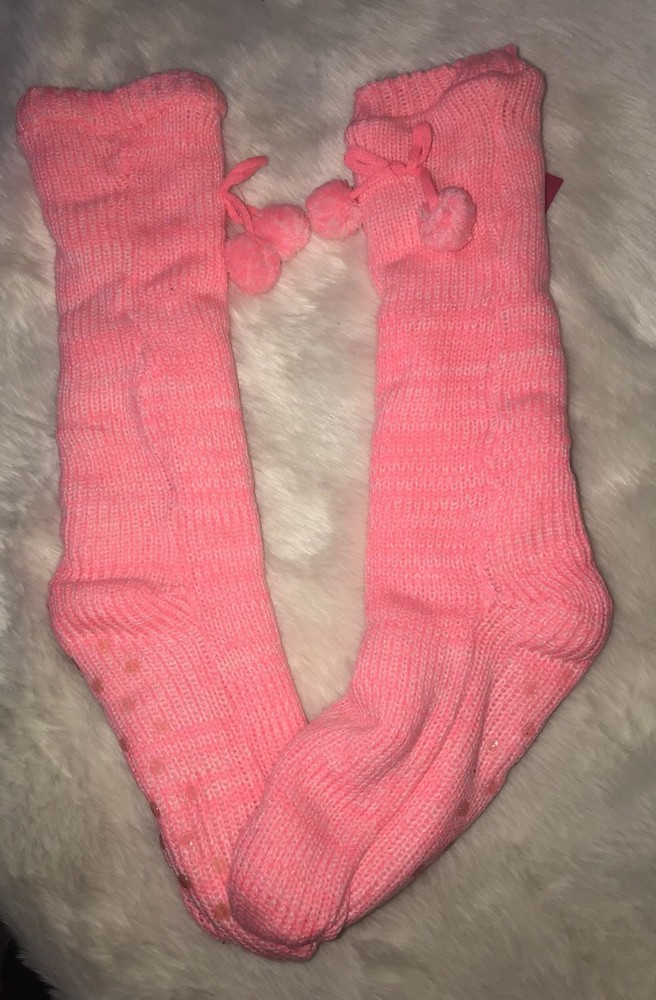 Xhiliration Women's KNIT SHERPA-LINED Soft Warm SLIPPER SOCKS Pink White Sz S-M