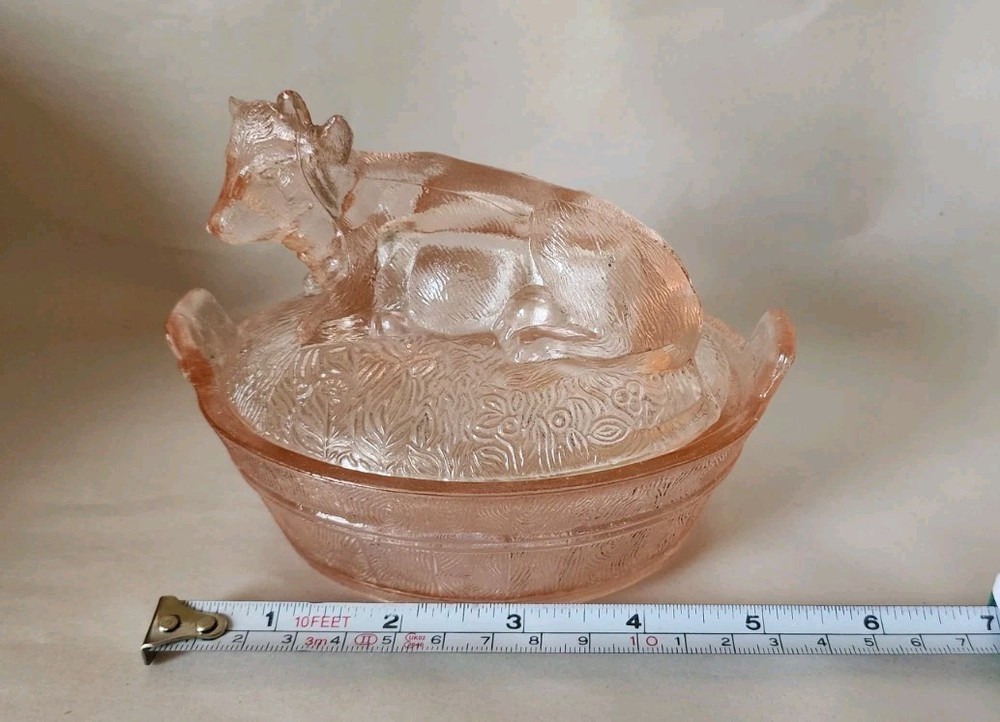 Vintage Pink Depression Glass Cow/Bull On Nest Hay Barrel Candy Dish *Read*