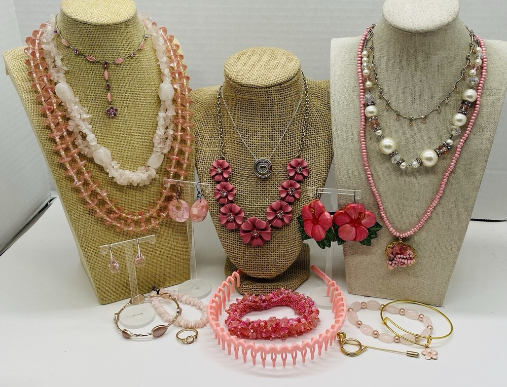 19 PC Vintage to New Jewelry Lot PINK THEME Bracelets Necklaces Earrings J-381