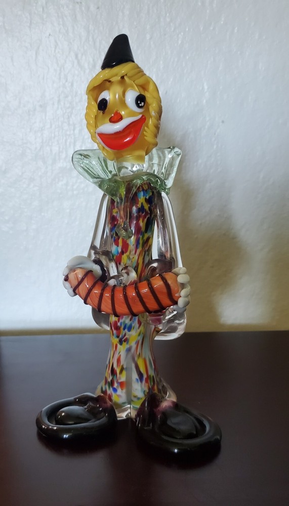 Vintage Murano Hand Blown Art Glass Clown Figurine with Accordion 9.5 Inches