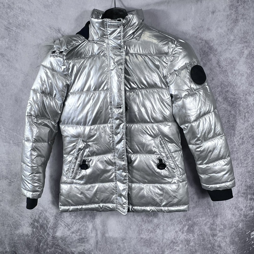 Diesel Puffer Jacket Girls Size 8 Metallic Silver Full Zip Hooded Parka Jacket