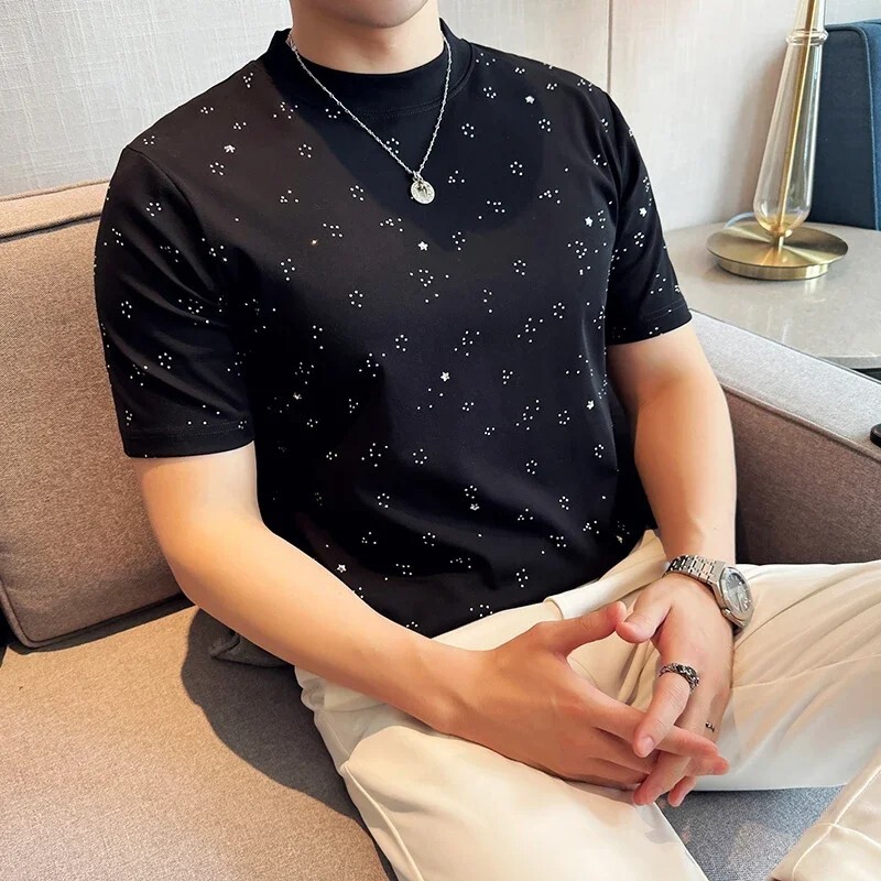 New Fashion Trendy Diamond Rhinestones Summer Luxury Men Streetwear T-Shirt