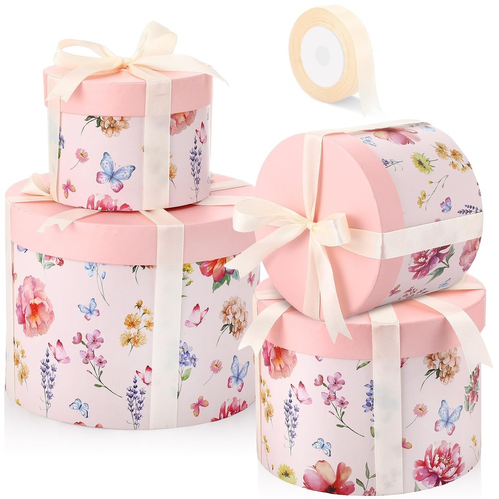4 Assorted Round Gift Boxes with Lids & Ribbons for Flowers Gifts