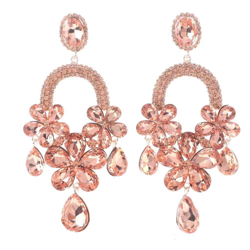 Rose Gold Tone Metal Rhinestone Large Crystal Chandelier Post Earrings ESE996...