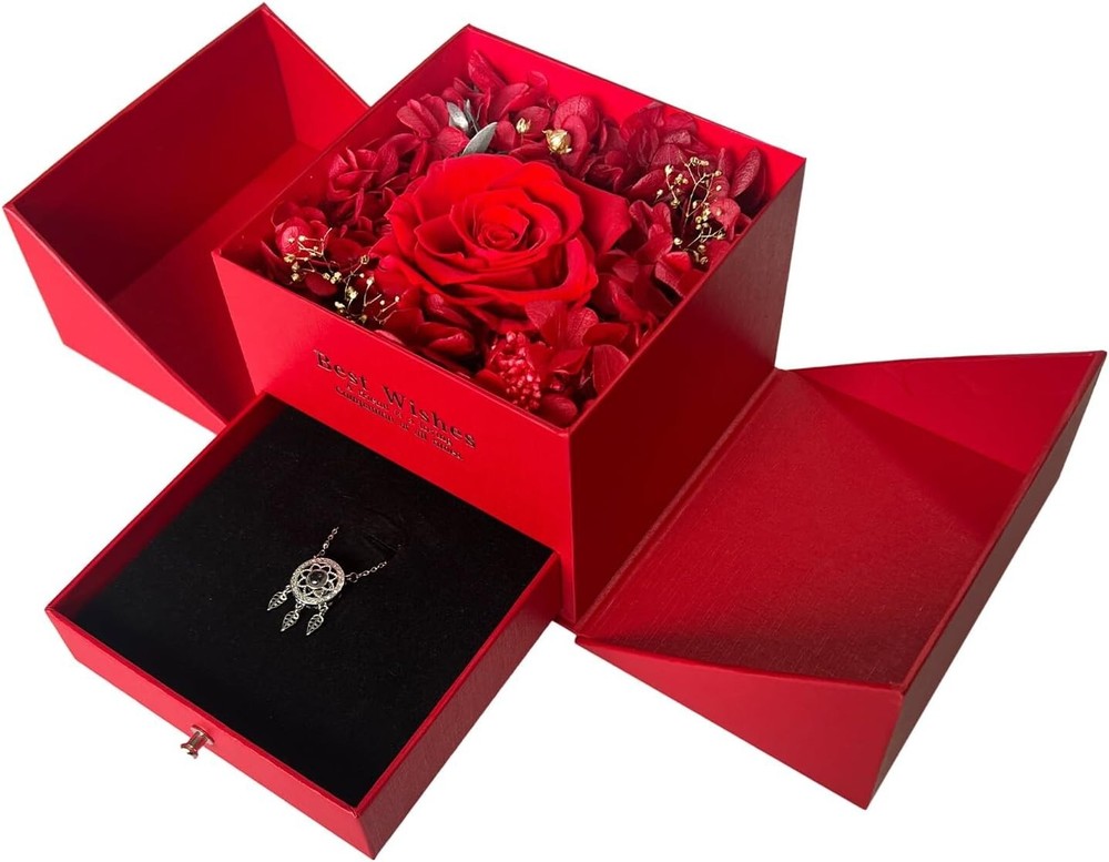 Preserved Real Red Rose w/ I LOVE YOU Dreamcatcher Necklace, Gift Box, Women