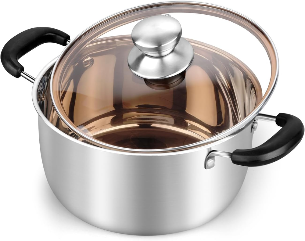 3 Quart Stock Pot, Stainless Steel Stock Pasta Soup Pot with Lid, Tempered Glass