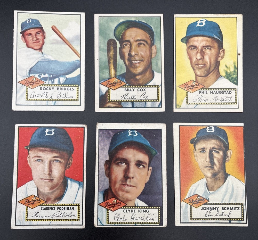 Lot (6) 1952 Topps Mid Grade Brooklyn Dodgers Cox King Bridges Haugstad Schmitz