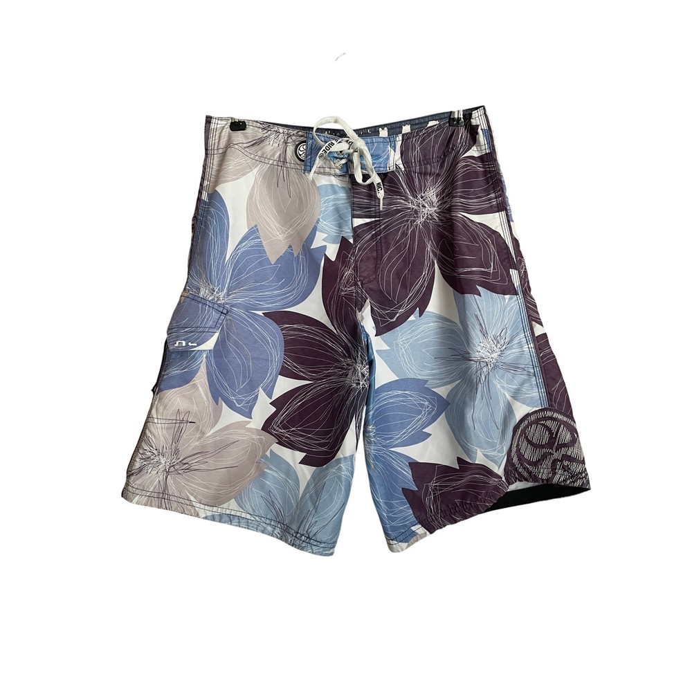 VTG Y2K Hawaiian Island Creations Floral Board Shorts Blue Cargo 32 Surf Swim