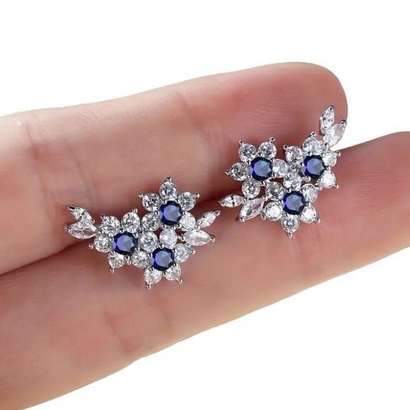 Cyber Monday Sale ! Round Natural Sapphire & Diamond Earrings 14k White Gold-image