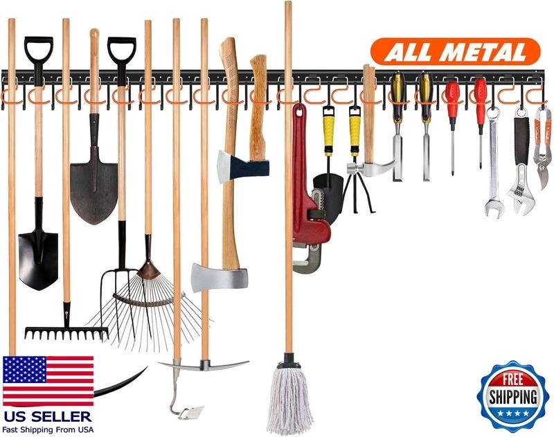 68-Inch Wall-Mounted Metal Garden Tool Organizer with Hooks for Garage Shed Storage