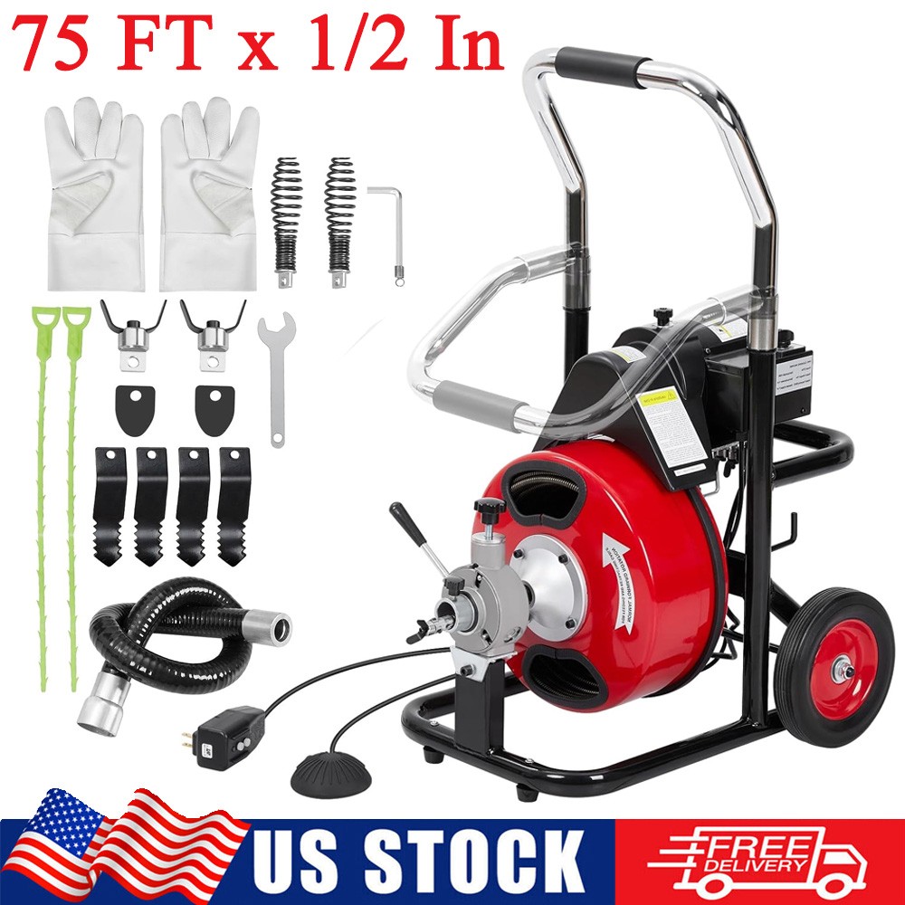 75FT Auto Feed Drain Cleaner Snake for 1-4 Inch Pipes with 1/2In Auger