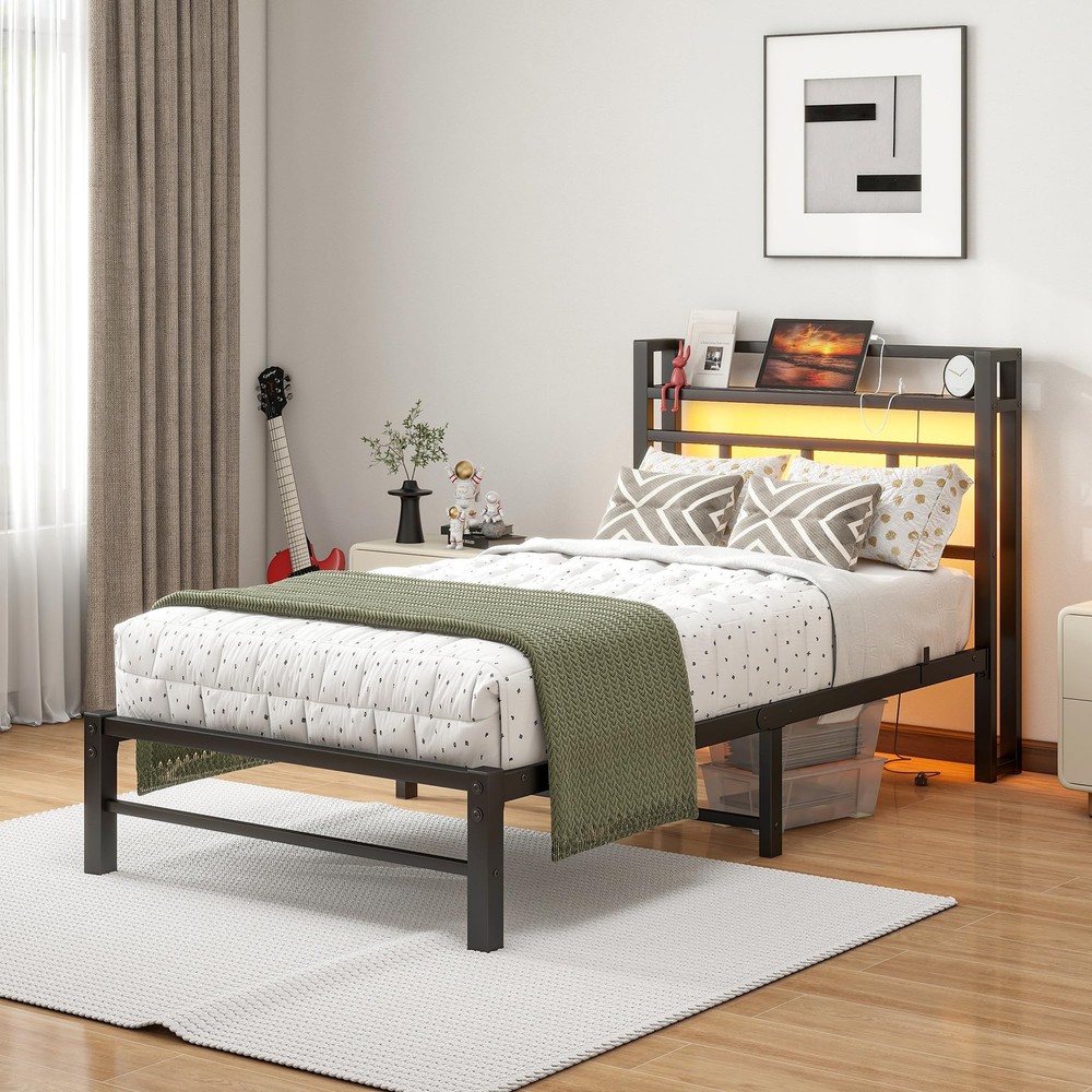 Twin Bed Frame with Headboard,Single Bed Frame with Charging Station and Ligh...