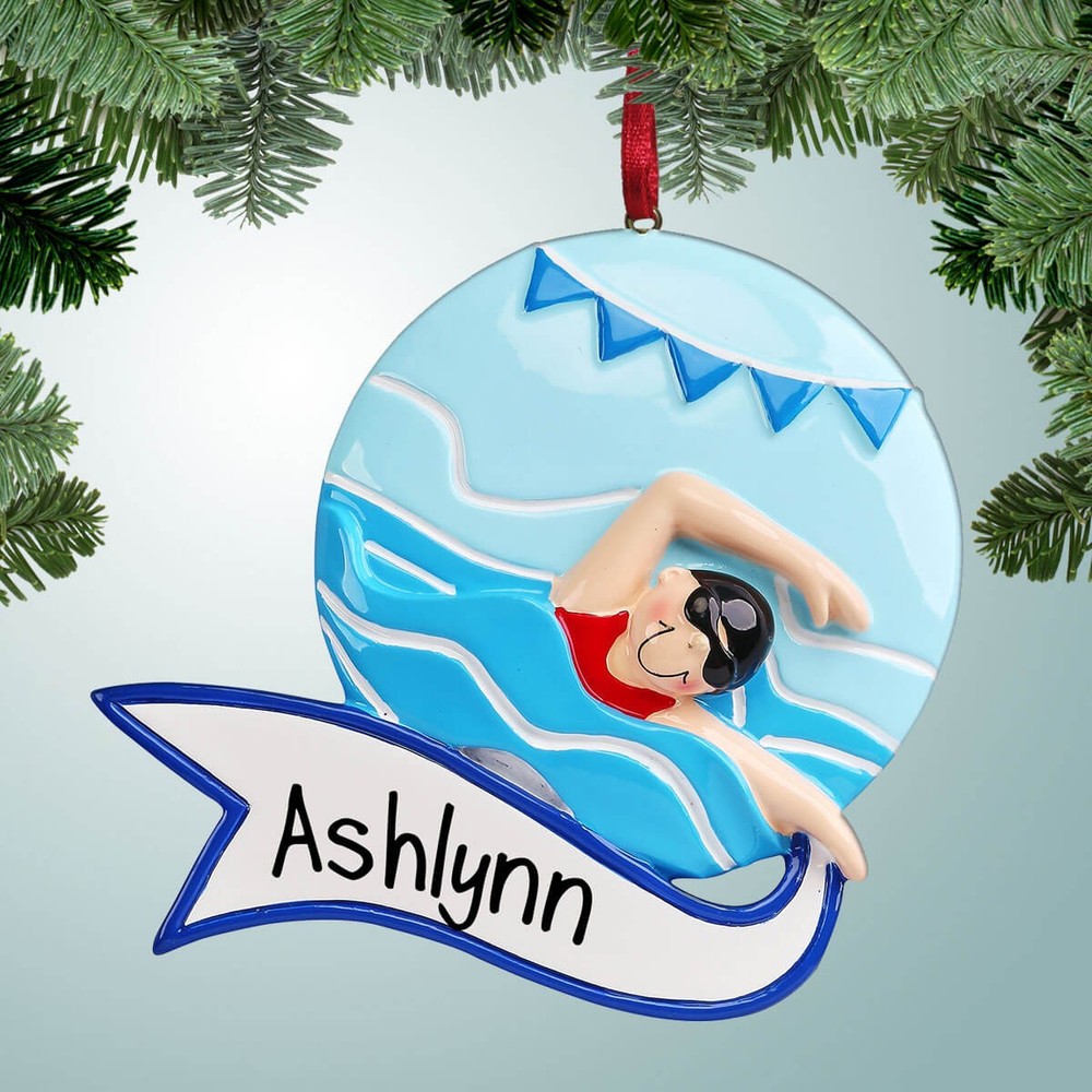 Swimming with Banner Girl - Personalized Christmas Ornament