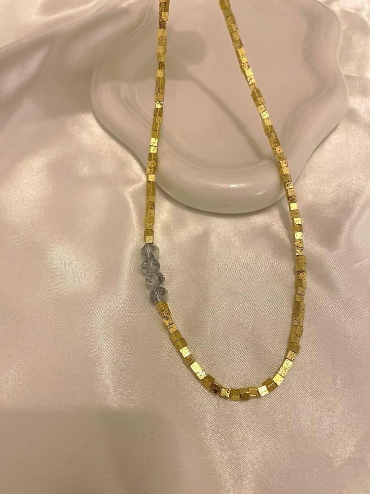 Gold Cube Bead Necklace with Sparkling Crystal Accent