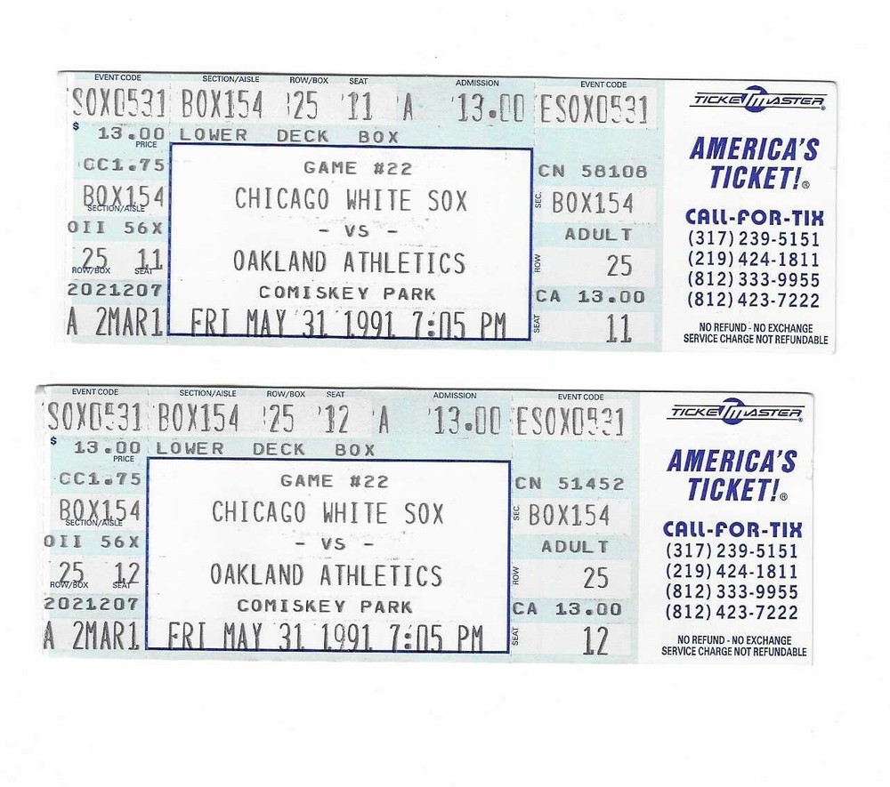 Chicago White Sox vs Oakland A's unused Baseball Tickets from 5/31/1991