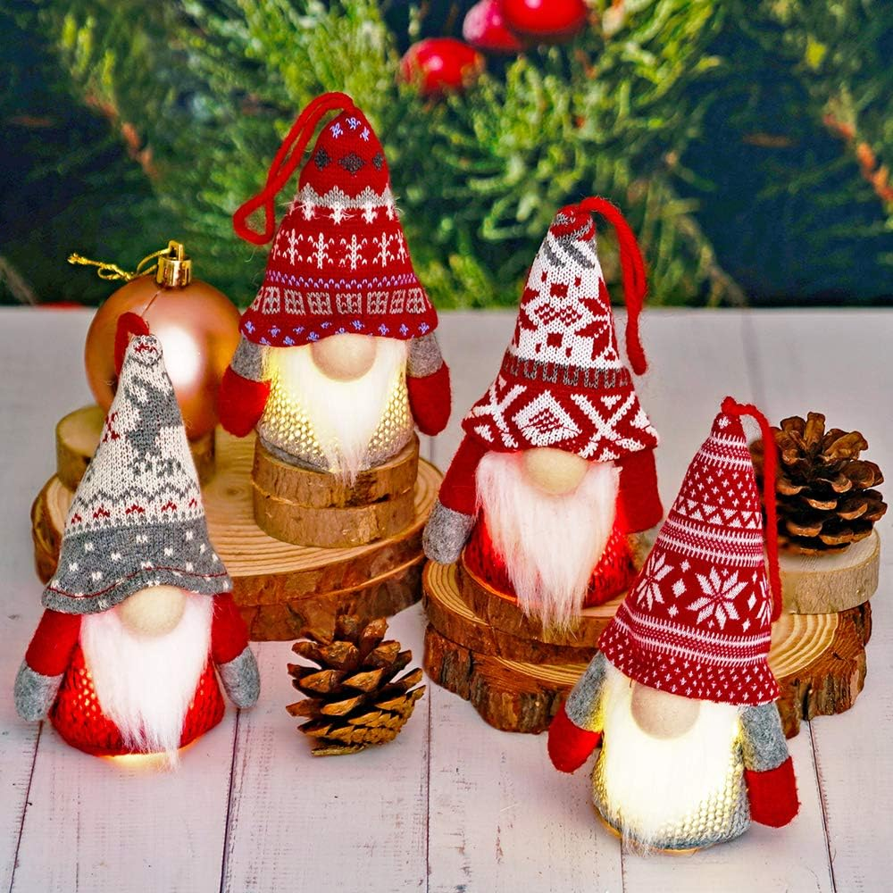 Christmas Gnome Hanging Ornaments with Lights, Handmade Swedish Tomte Plush Scan