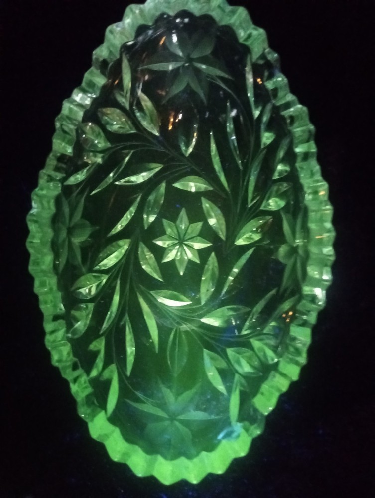 RARE 1920's Uranium Glass Handcut Crystal Stars Flower and Leaf Oval Bowl