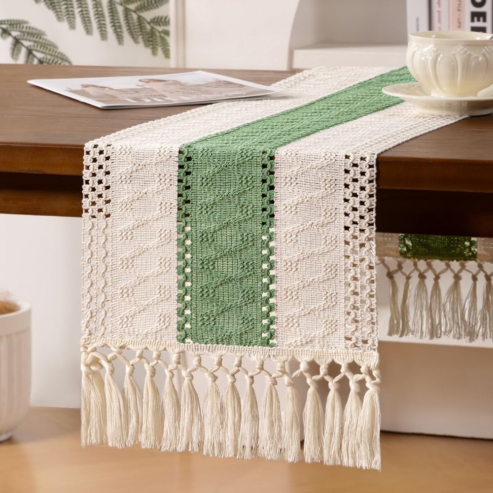 Sage & Ivory Boho Macrame Table Runner Rustic Farmhouse Woven Cotton Linen Burla