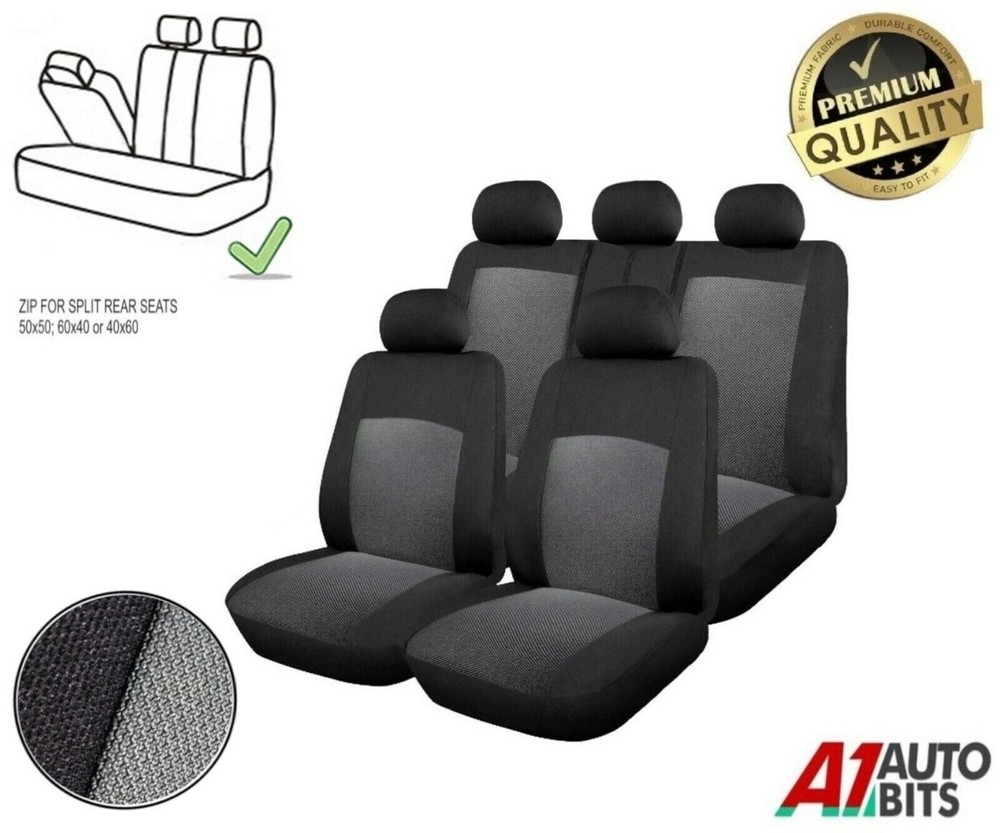 Car Split Rear Seat Covers Full Set Grey Black Premium Fabric For Kia Hyundai