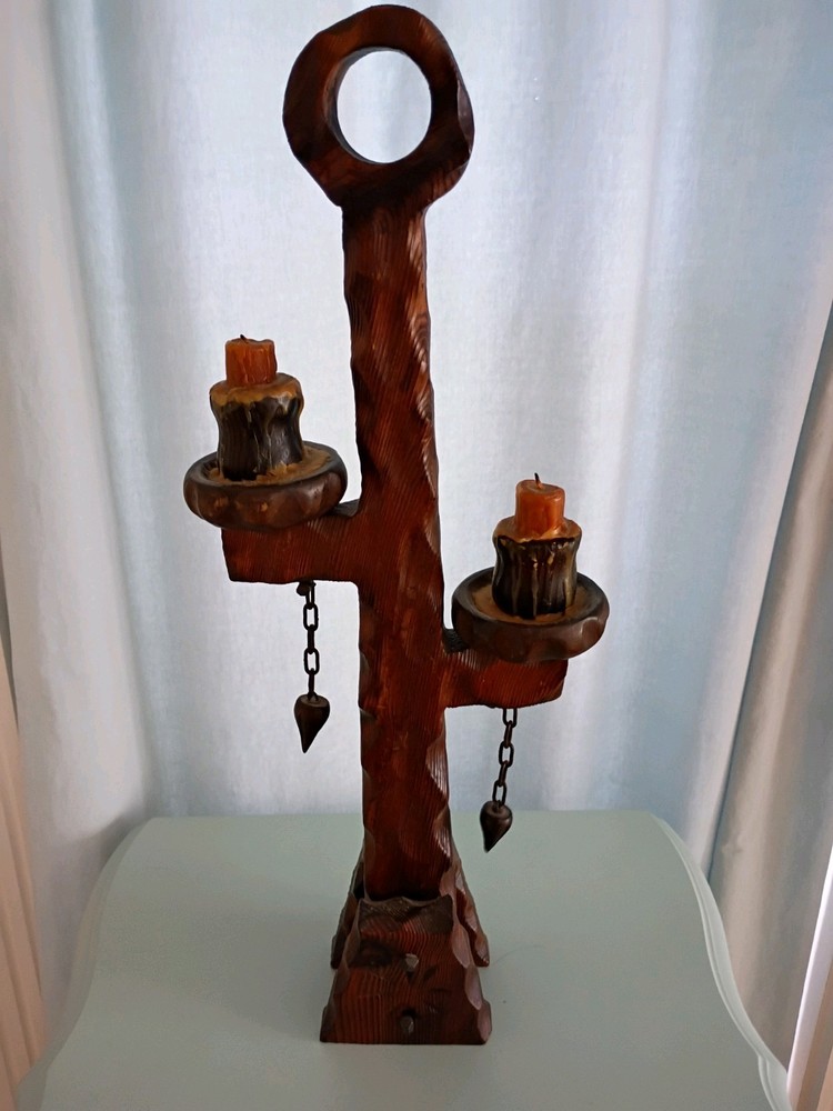 Spanish Brutalist Witco Style Wooden Candle Holder Stick Vtg