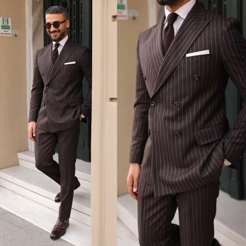 Men's Stripe Double Breasted Peak Lapel Suit 2pcs Blazer Pants Set for Wedding