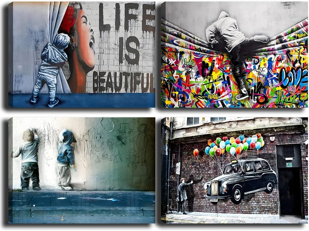 Framed Banksy Street Graffiti Wall Art Decor Large Abstract Pictures Canvas Pain