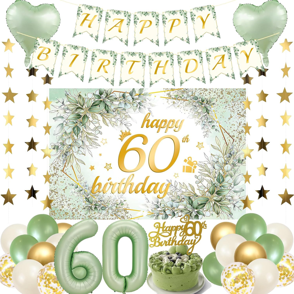60Th Birthday Decorations Women Banner - 21 Pcs Sage Green Happy Birthday Banner