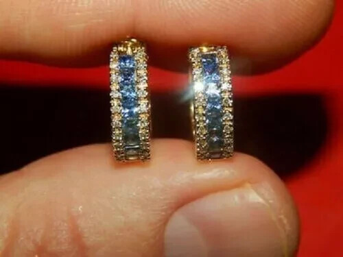 2.20Ct Princess Cut Simulated Sapphire Hoop Earrings in 14K Yellow Gold Plating  
