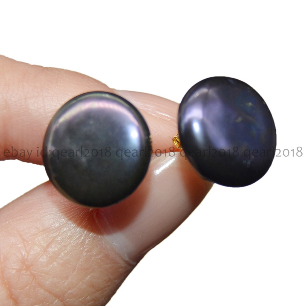 13-14mm Natural Flat Black Pearl Earrings in 14K Yellow Gold