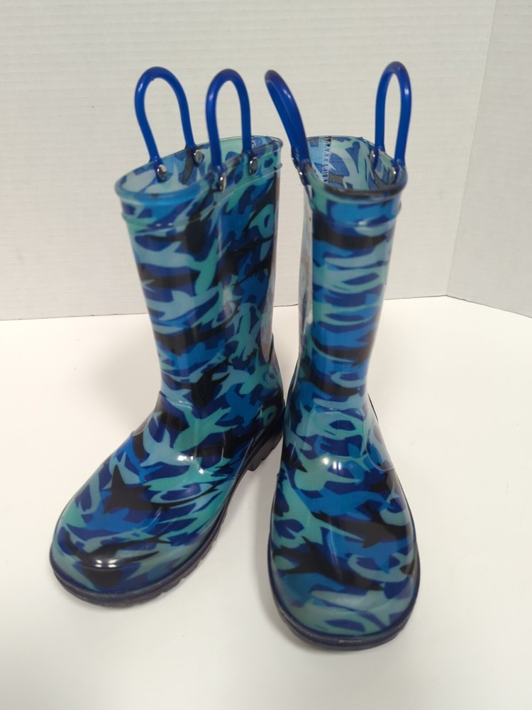 Kids Light Up Rubber Rain Boots Blue Camo Size 13 Waterproof Outdoor Play-image