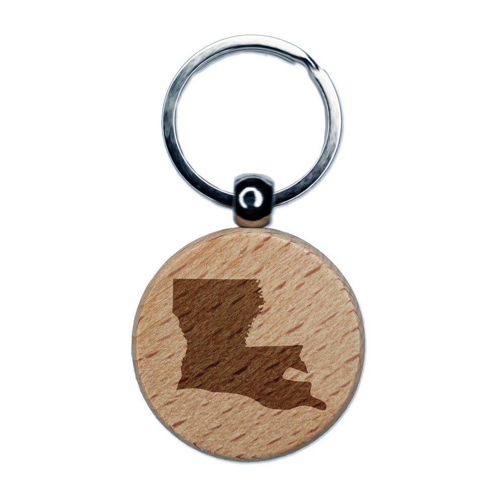 Louisiana State Silhouette Engraved Wood Round Keychain Tag Charm