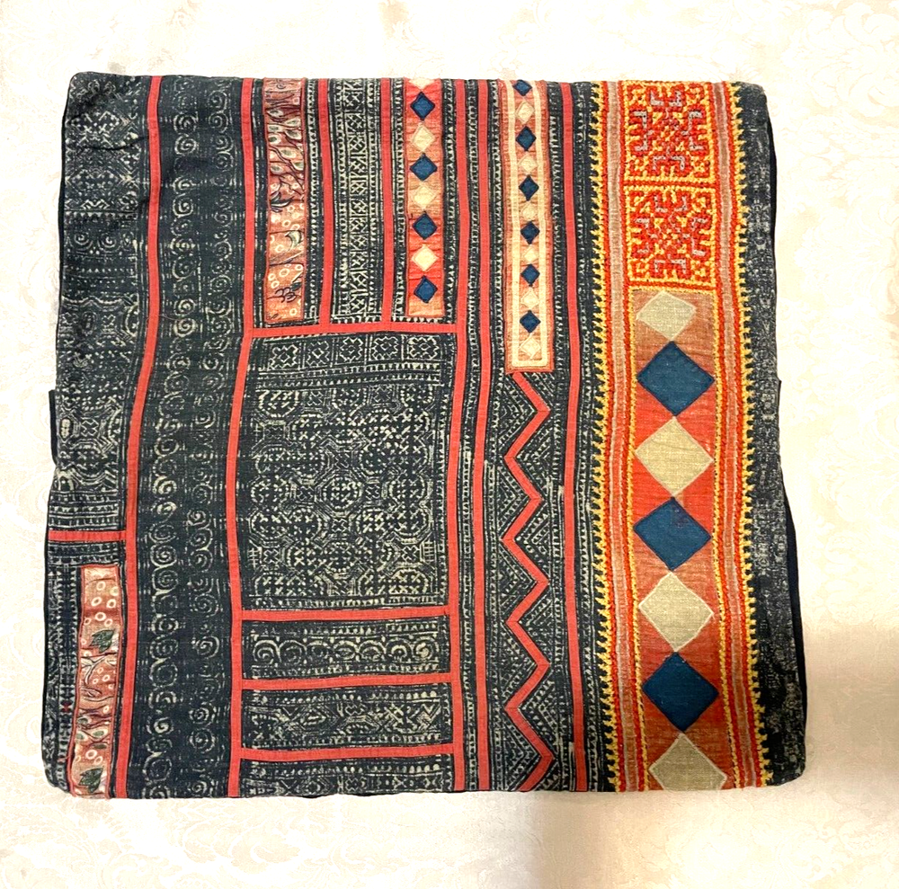 POTTERY BARN Blue Hmong Tribal Embroidered Accent Throw Pillow Case Cover Decor