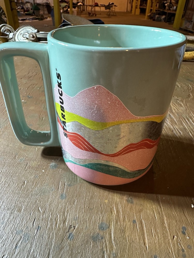 Starbucks 12oz Ceramic Mug in Teal Pink Red Green with Silver Foil Wave