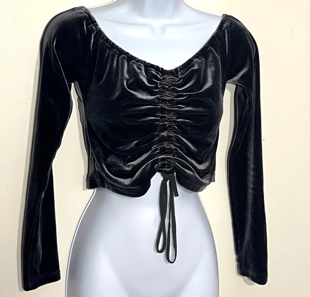 Grade Gather Womens Velvet Ruched Crop Top Size M Y2K Goth Witchy Dark Feminine