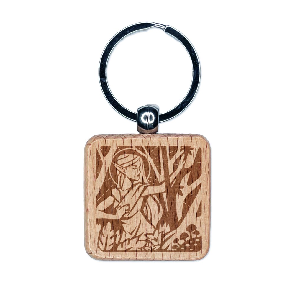 Nordic Elf Woman Mythology Fantasy Engraved Wood Square Keychain Tag Charm
