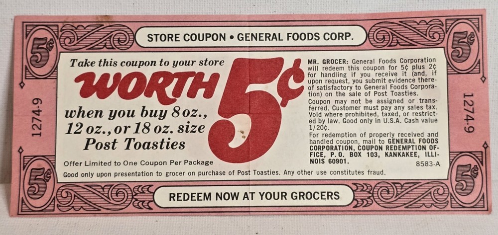 Vintage Post Toasties Coupon General Foods 5 Cents REDEEM NOW-image